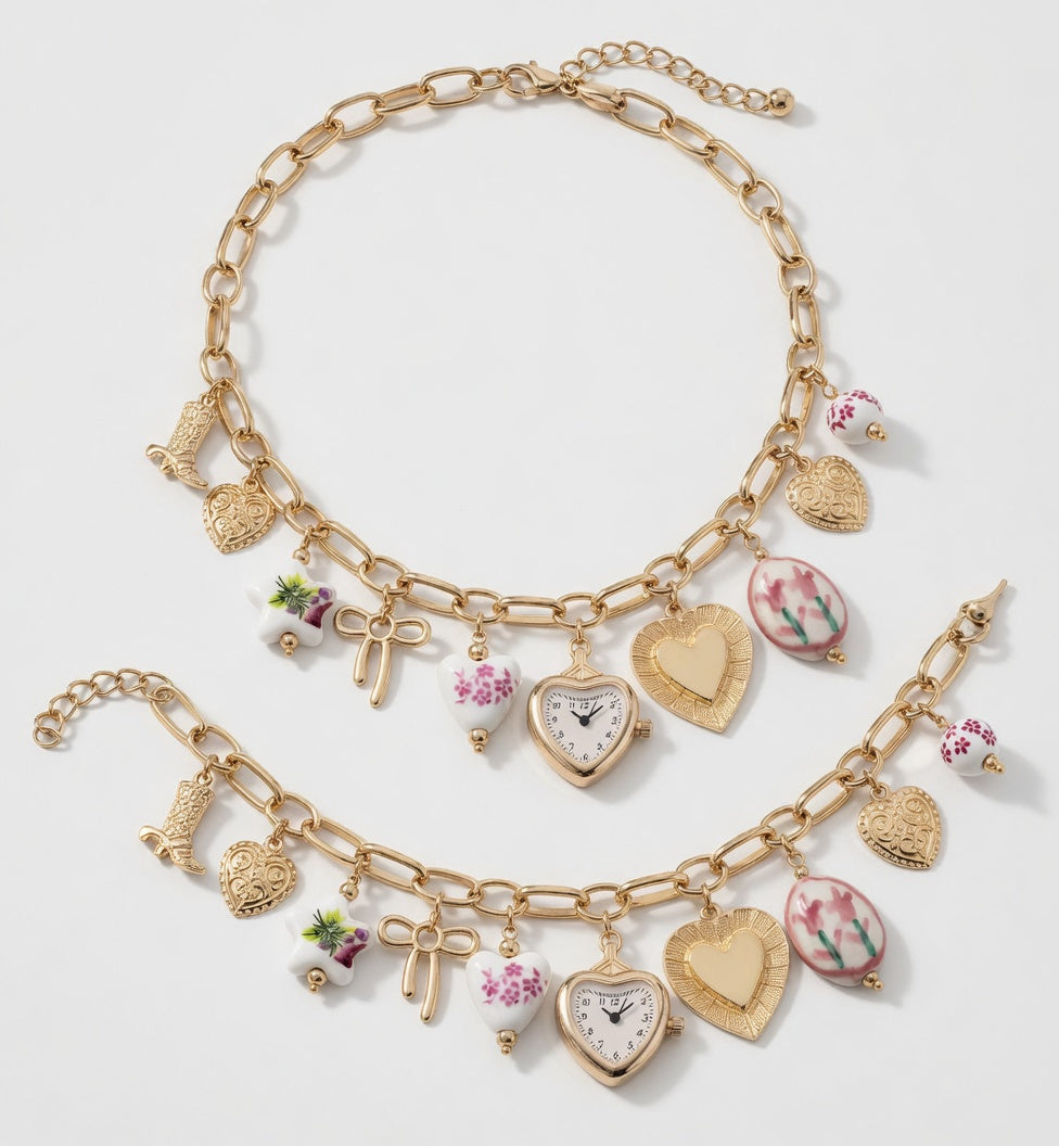 Pink ceramic and gold boho floral heart necklace and bracelet by CloudRaspberry Studio featuring watch charm design.