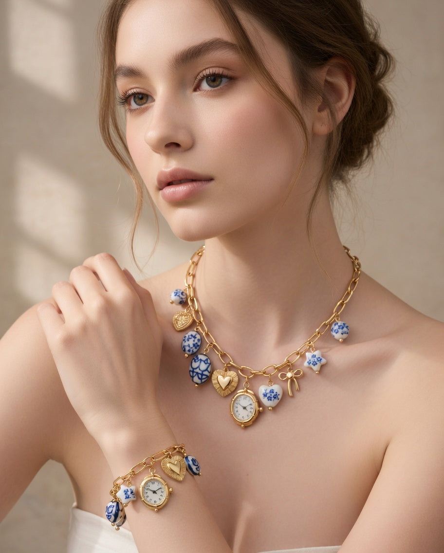 Blue ceramic faux watch charm necklace and bracelet set by CloudRaspberry Studio, featuring gold porcelain accents.