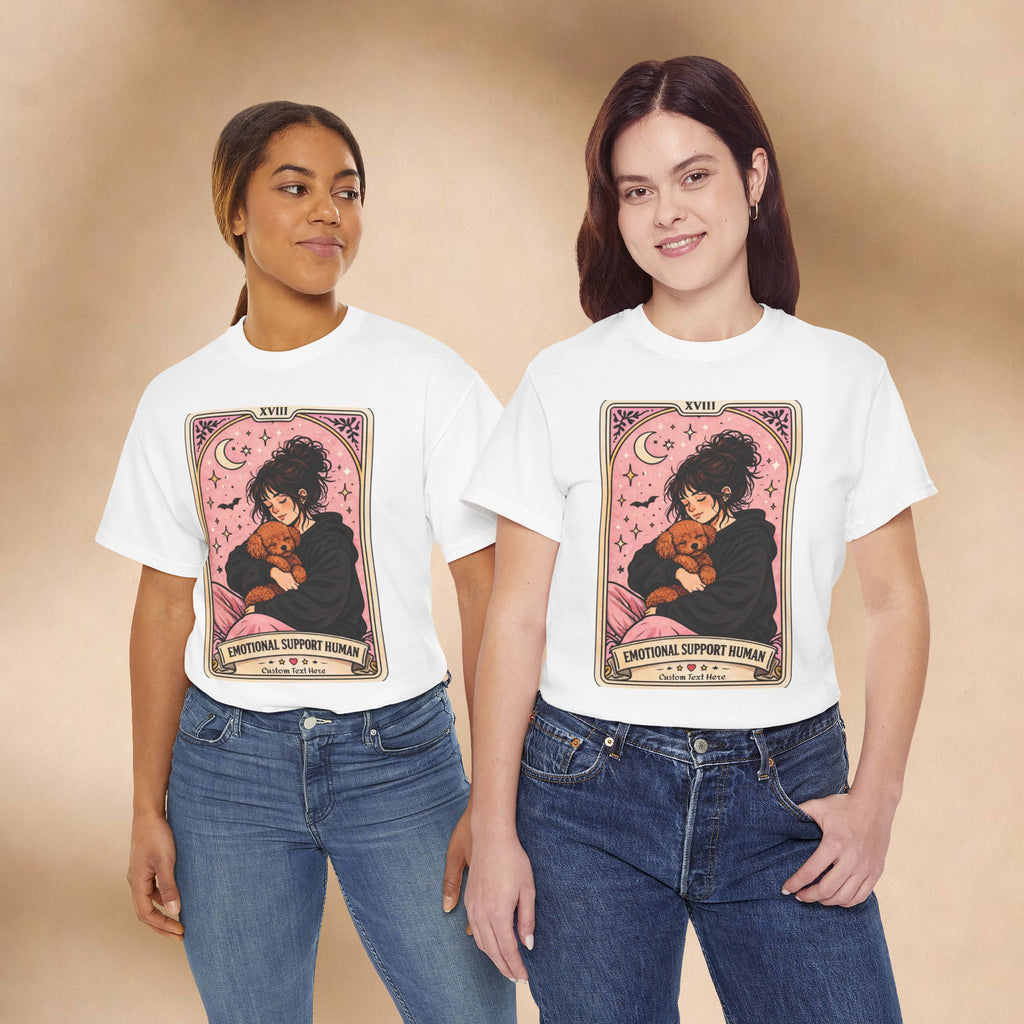 Personalized emotional support human T-shirt featuring a funny dog mom tarot design, Poodle Mom humor, and anxiety comfort style.