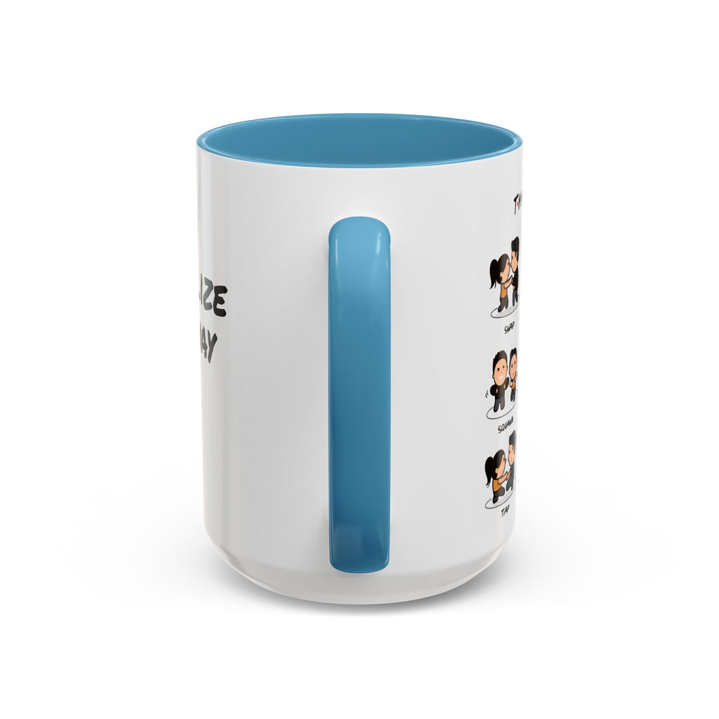 Friends-inspired funny "The Routine" accent coffee mug by Printify, featuring humorous text and a classic mug shape.