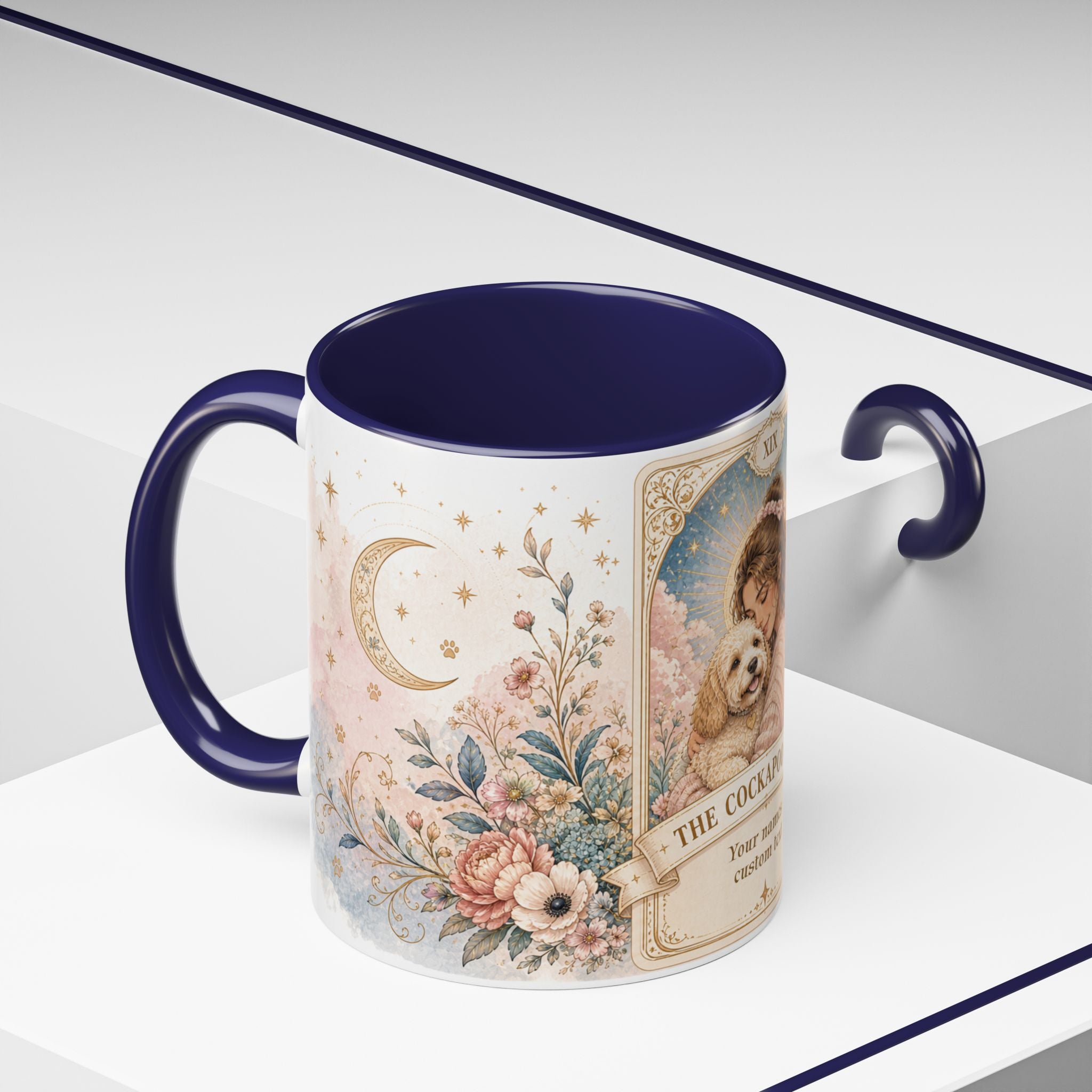 Personalized 'The Cockapoo Mom' floral tarot-style custom coffee mug, 11oz, featuring dog mom design and personalized text.