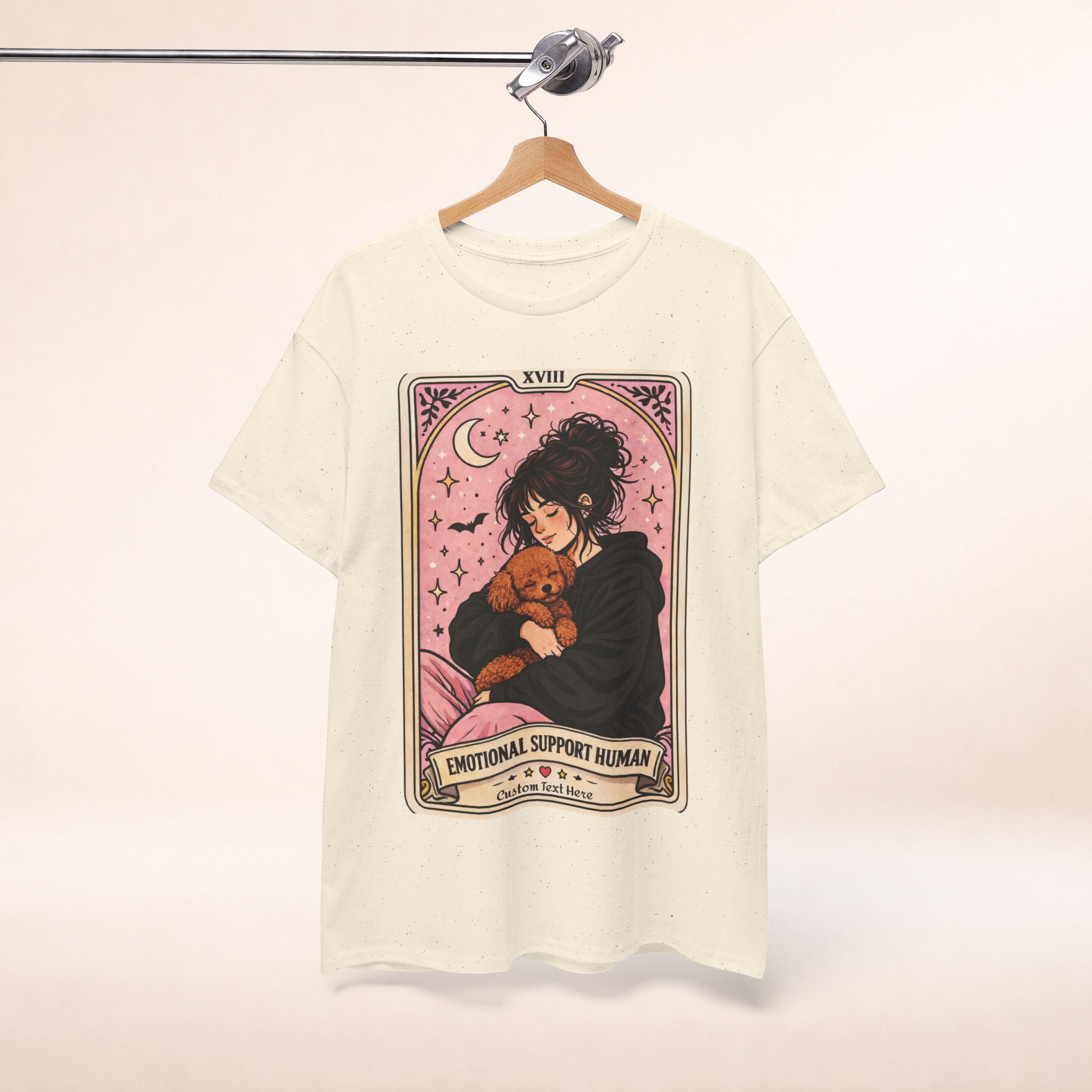 Personalized emotional support T-shirt featuring a funny dog mom tarot design, ideal for poodle moms and anxiety comfort.