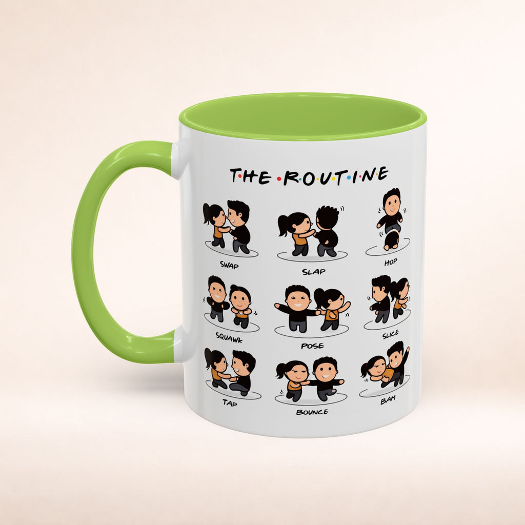 Friends-inspired funny "The Routine" accent coffee mug by Printify featuring a humorous quote and a classic mug design.