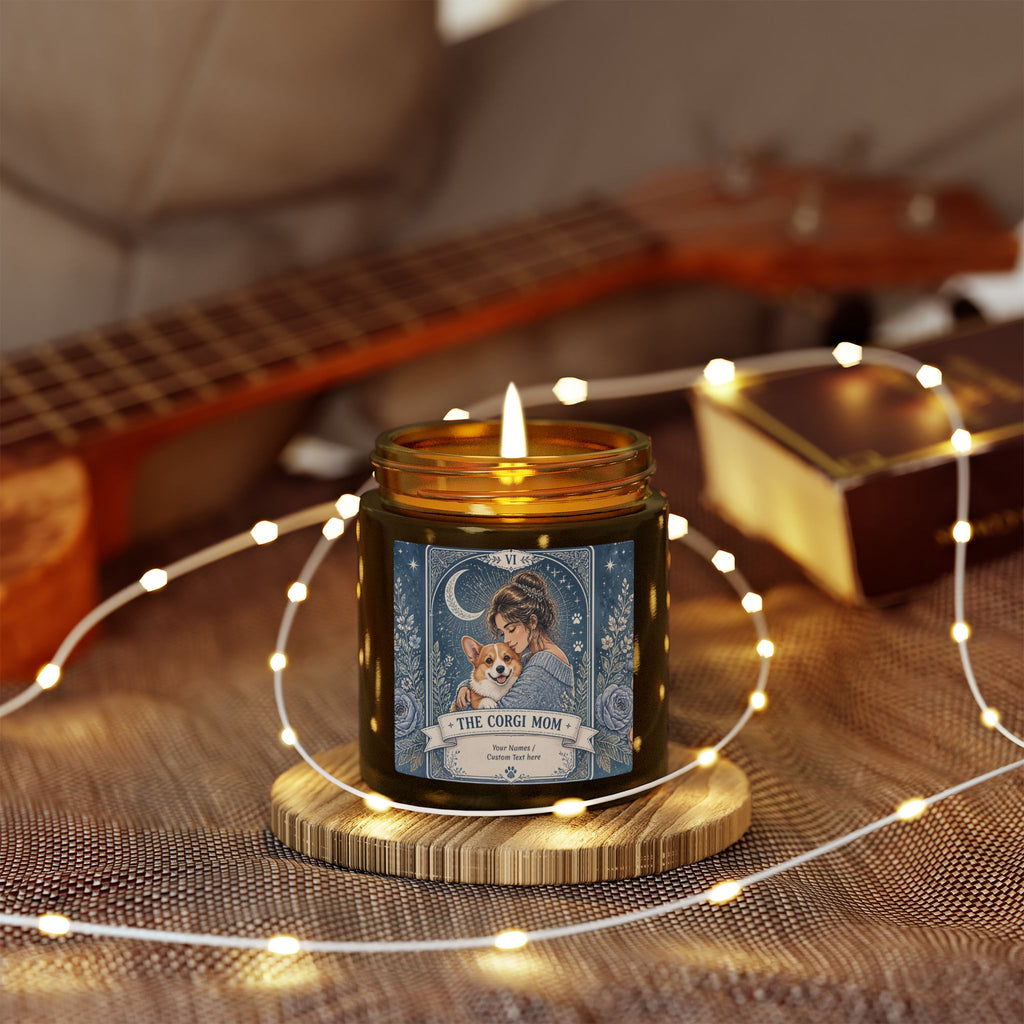 Personalized Tarot 'The Corgi Mom' scented candle with coconut apricot wax, featuring custom design and branding.