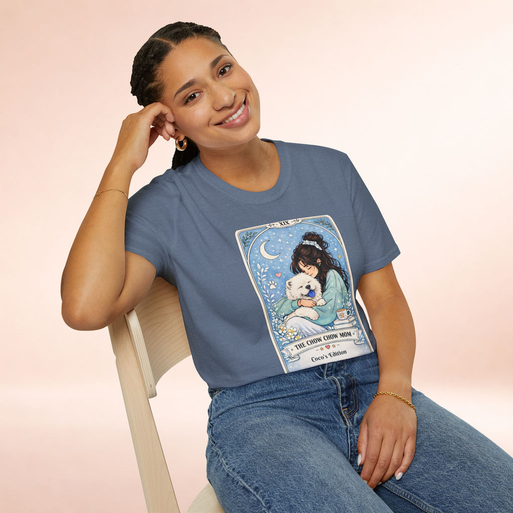 Personalized Chow Chow Mom tarot card T-shirt with custom dog mom name, featuring a Chow Chow illustration for dog lovers.