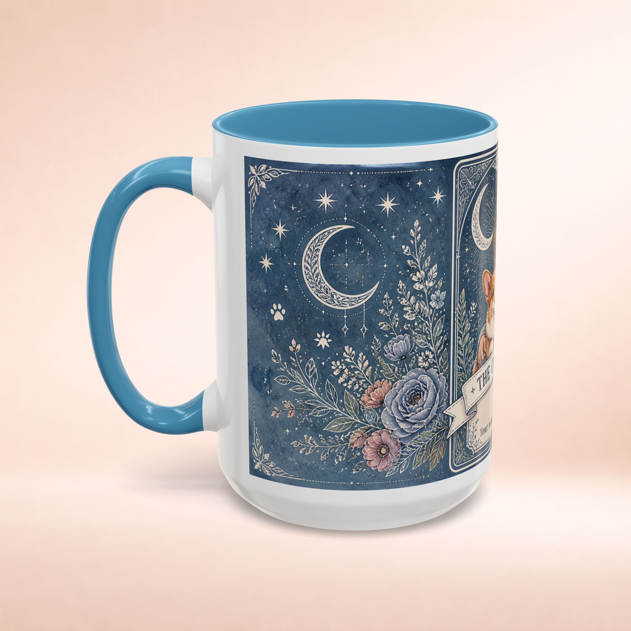 Personalized Corgi Mom tarot card accent coffee mug with custom dog mom design, ideal for dog lovers and gift-giving.