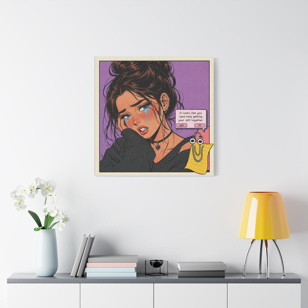 Retro Sad Girl Pop Art Canvas Print by Printify featuring a humorous sad girl illustration with bold text on a canvas wall art piece.