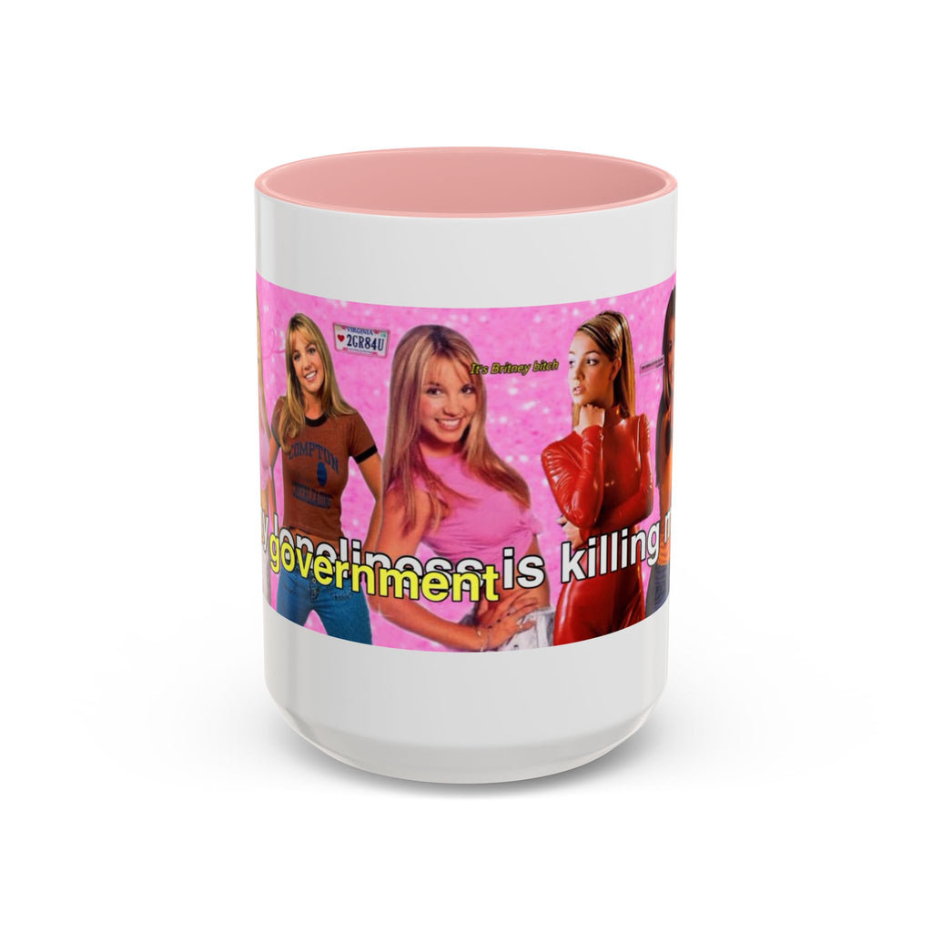 Y2K Britney collage mug with "My Government is killing me" slogan, featuring colorful printed design on ceramic coffee mug
