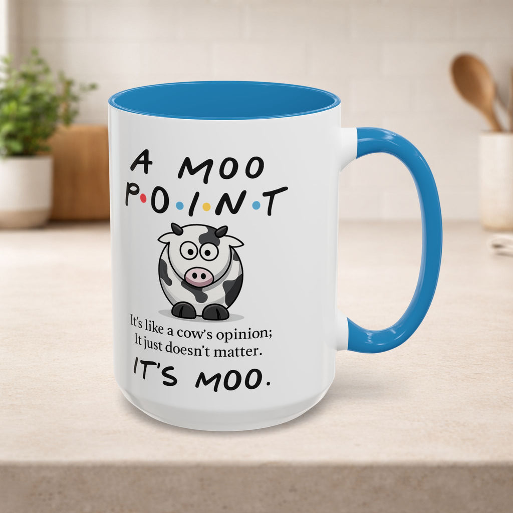 Funny cow opinion mug with "Moo Point" phrase, featuring a ceramic coffee mug with humorous cow illustration.
