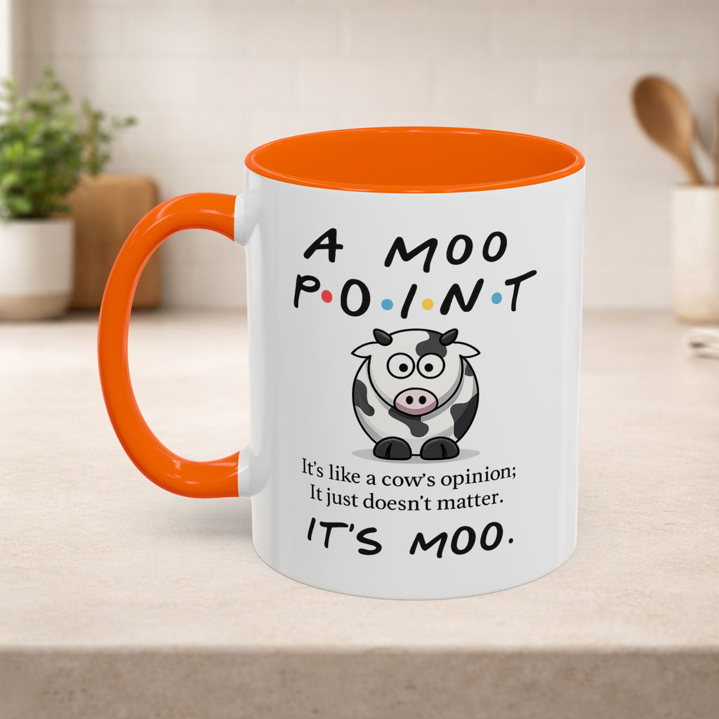 Friends Moo Point Mug featuring a humorous cow opinion design, perfect for coffee or tea, by Printify.