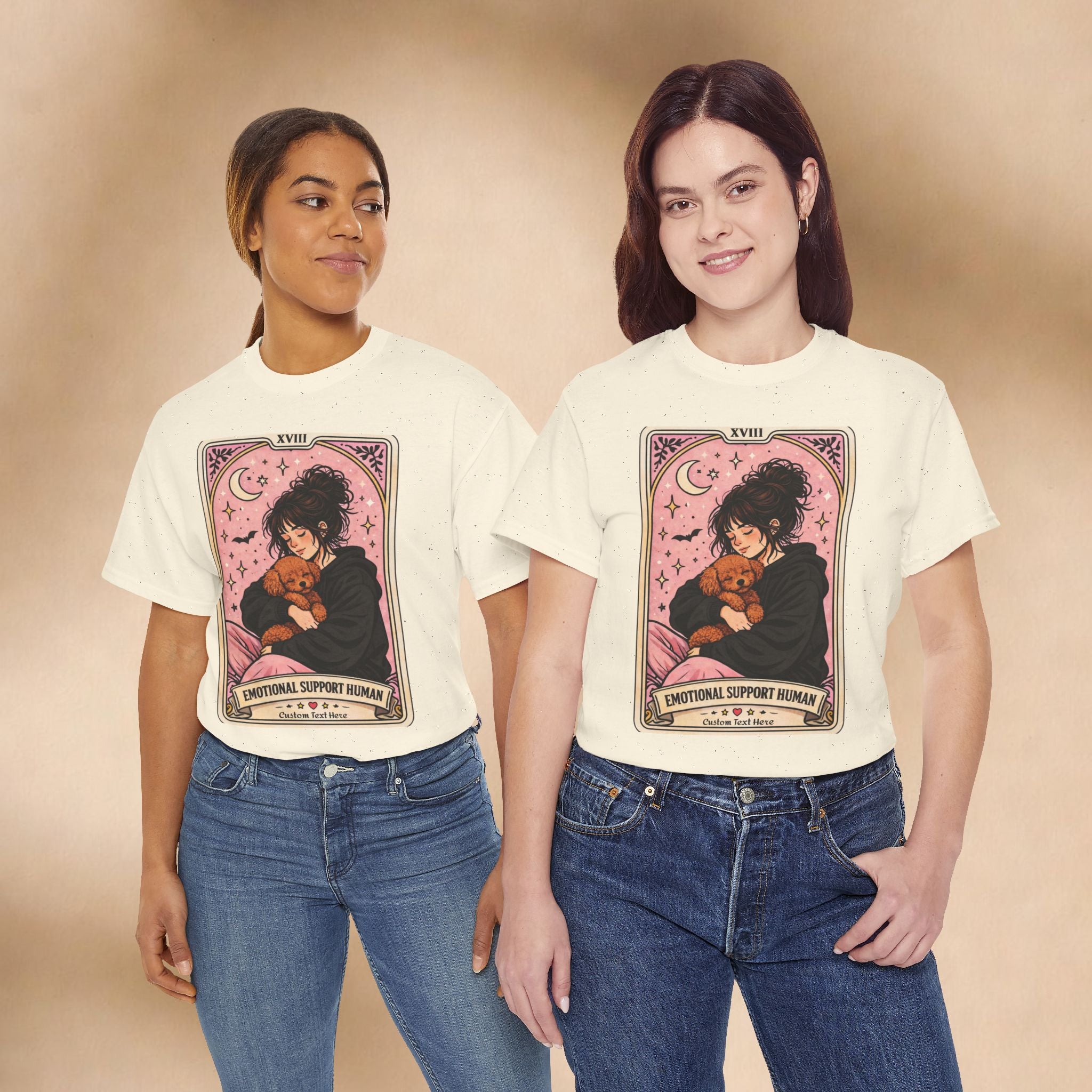 Personalized humorous dog mom T-shirt with tarot and poodle design, emotional support and anxiety comfort, custom print by Printify