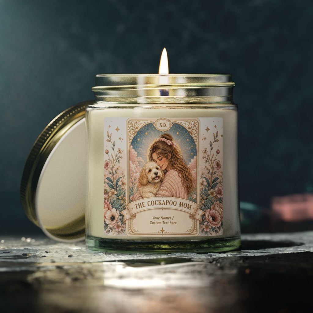 Personalized Tarot 'The Cockapoo Mom' scented candle in coconut apricot, 4oz or 9oz, custom print, cozy home decor.