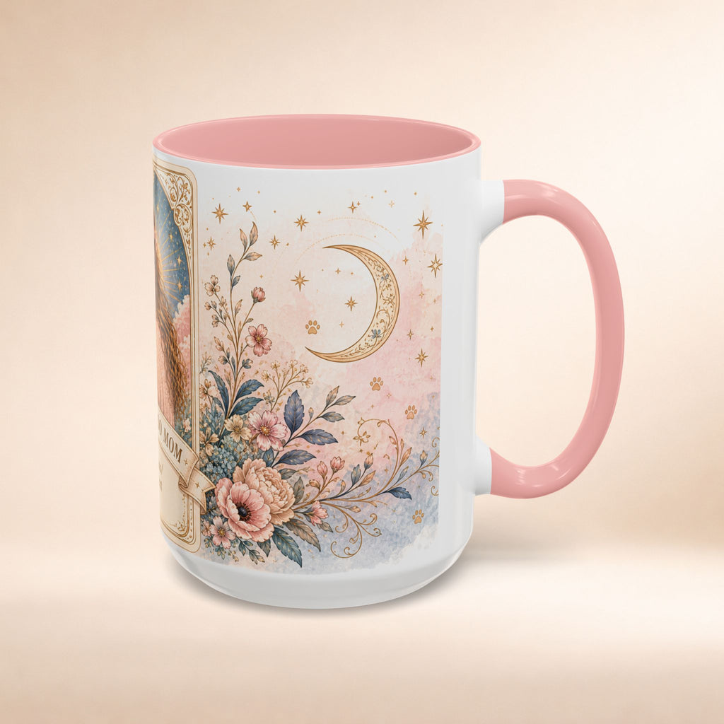 Personalized floral tarot-style dog mom coffee mug with "The Cockapoo Mom" custom text, available in 11oz and 15oz sizes.