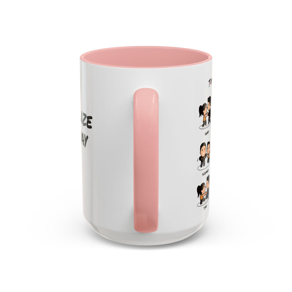 Friends-inspired funny "The Routine" accent coffee mug with cartoon design, featuring a humorous quote and vibrant colors.