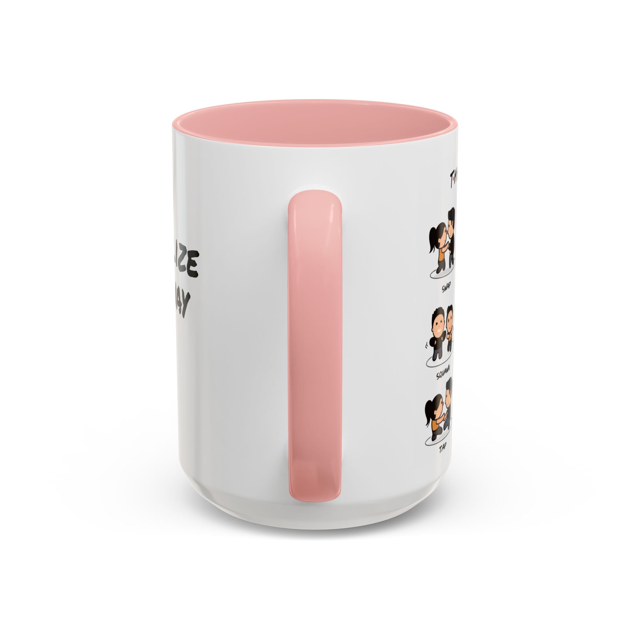 Friends-inspired funny "The Routine" accent coffee mug with cartoon design, featuring a humorous quote and vibrant colors.
