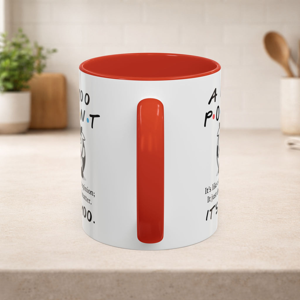 Friends Moo Point Mug featuring a humorous cow opinion graphic, perfect for coffee or tea, made by Printify.