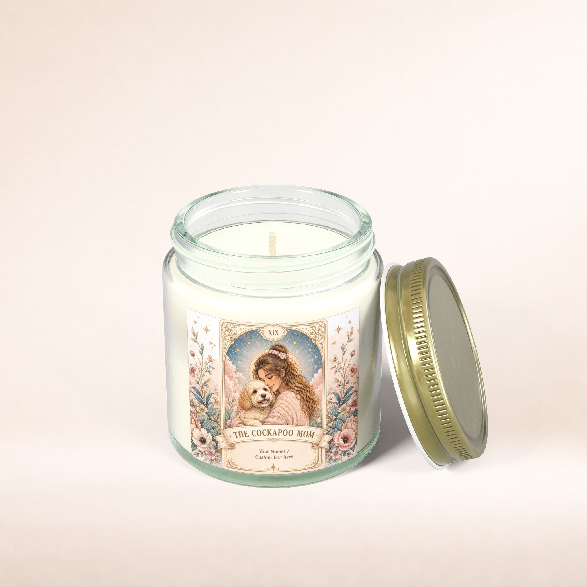 Personalized Tarot 'The Cockapoo Mom' scented candle in coconut apricot scent, 4oz or 9oz, custom printed by Printify.