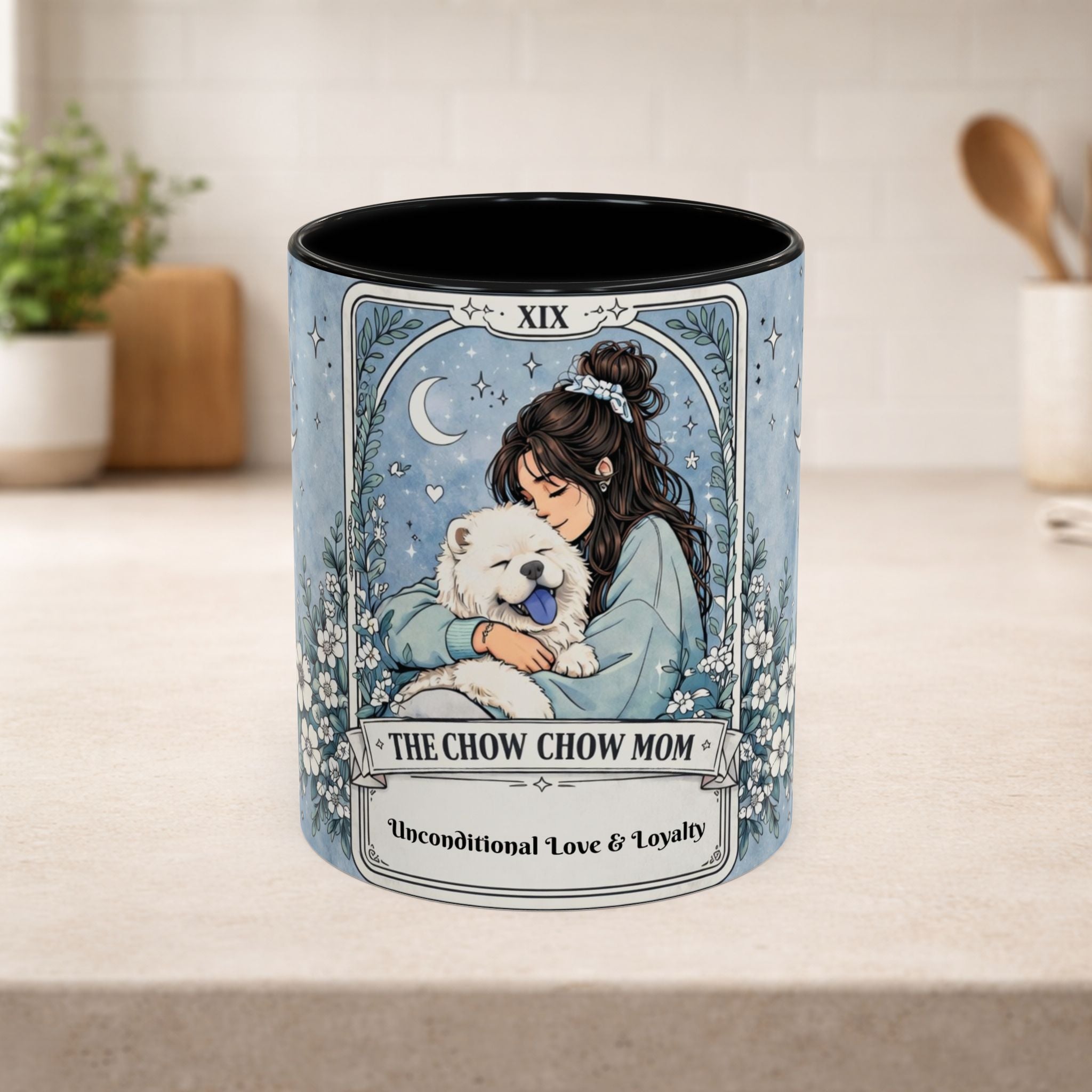 Personalized Chow Chow Mom tarot card mug with custom name, featuring a Chow Chow dog image, perfect for dog lovers and dog moms.