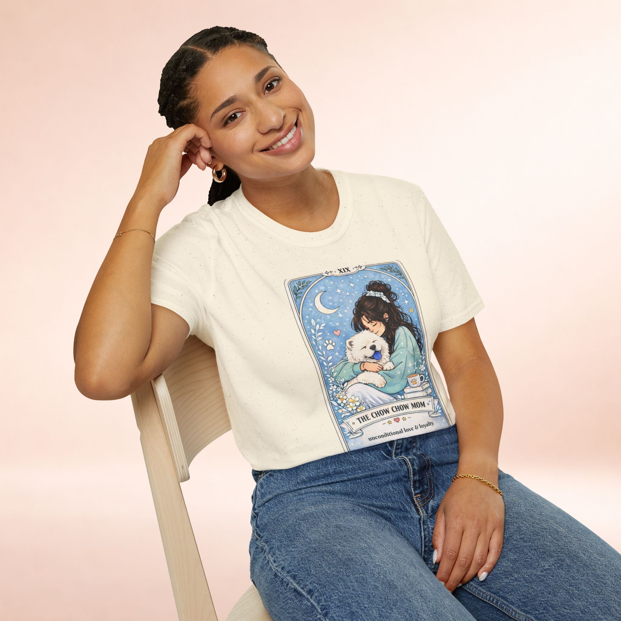 Personalized 'Chow Chow Mom' tarot card t-shirt with custom dog mom name, featuring a colorful Chow Chow design on a casual tee.