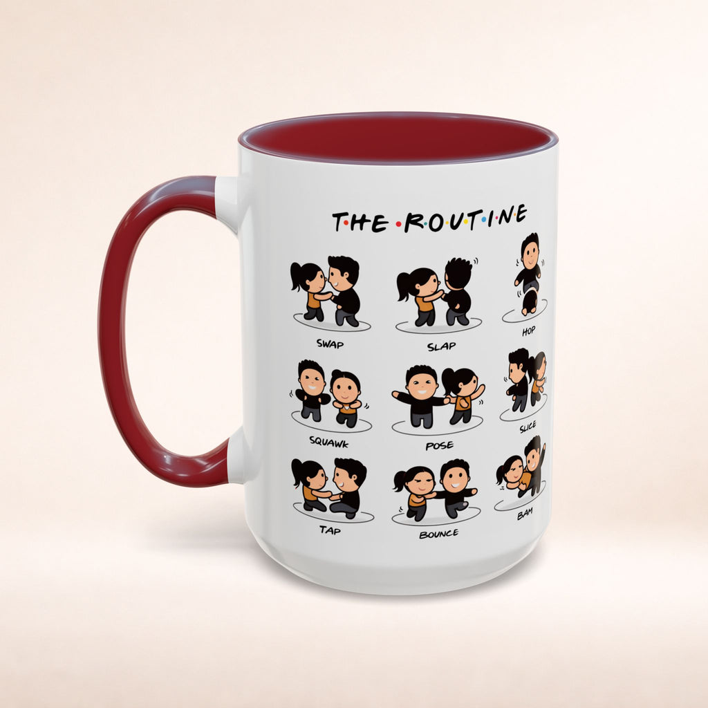 Friends-inspired funny "The Routine" accent coffee mug by Printify, featuring a humorous design on a ceramic mug.