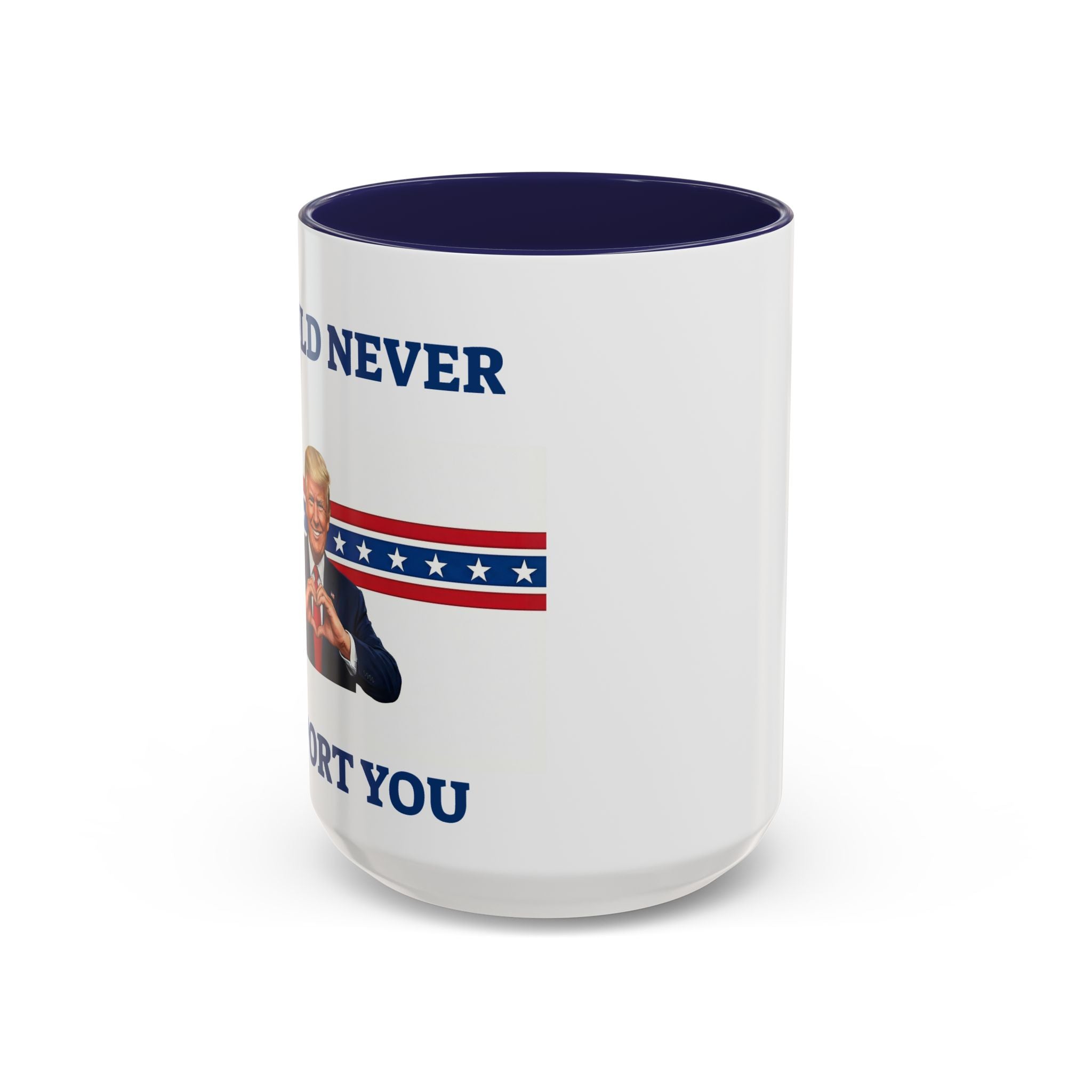 Printify sarcastic Trump mug with "I Would Never Deport You" meme, ideal for political gift or gag gift for friends.