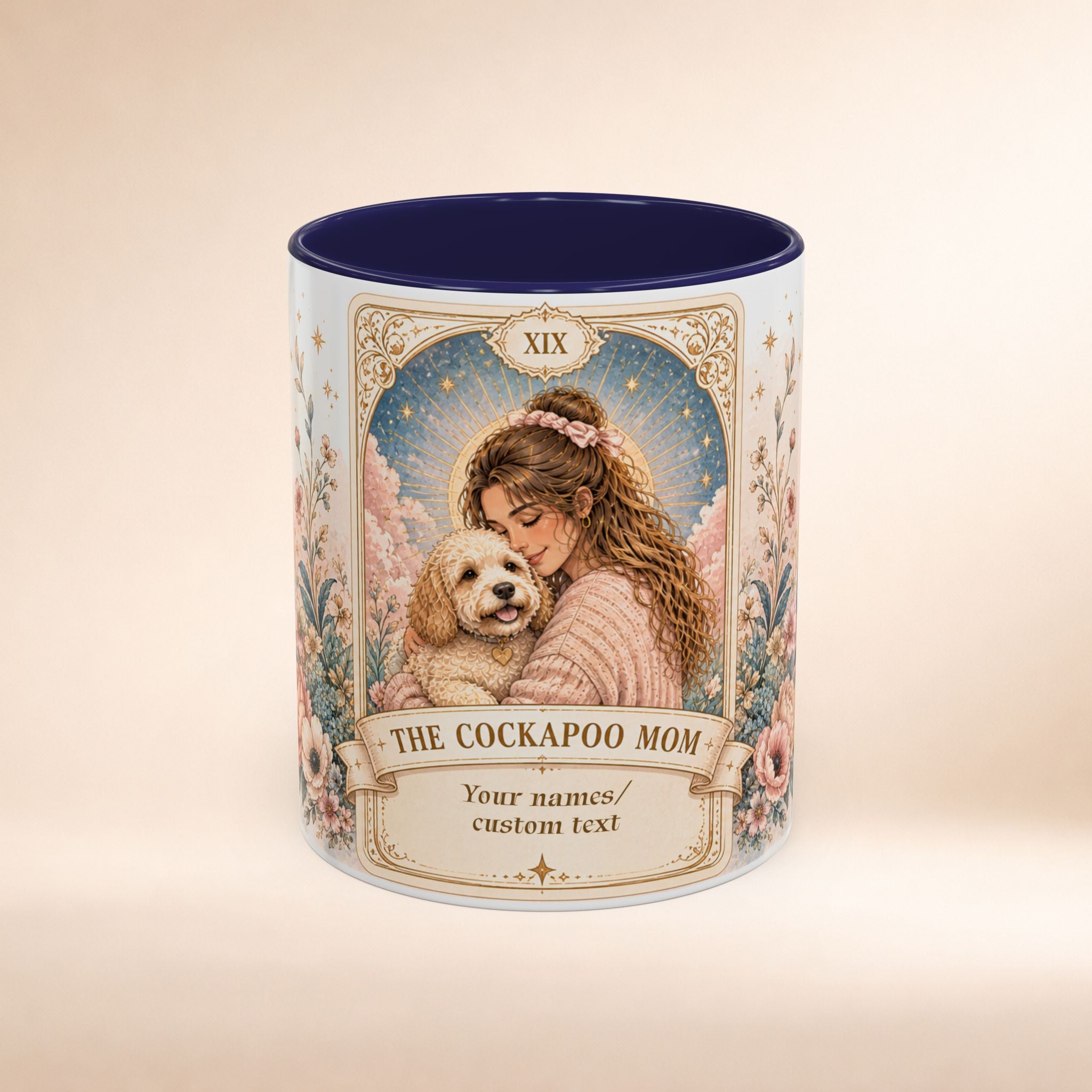 Personalized floral tarot-style dog mom mug with custom text, featuring a cute Cockapoo illustration on an 11oz coffee cup.