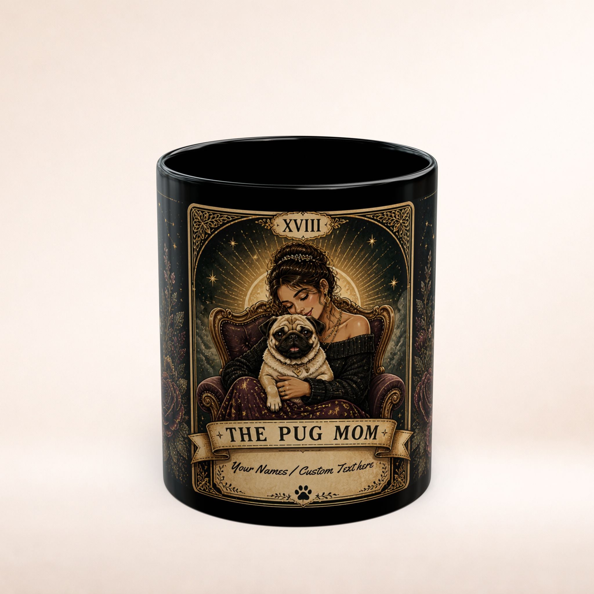 Personalized black ceramic mug featuring vintage tarot-style design and "The Pug Mom" text, perfect for dog lovers.