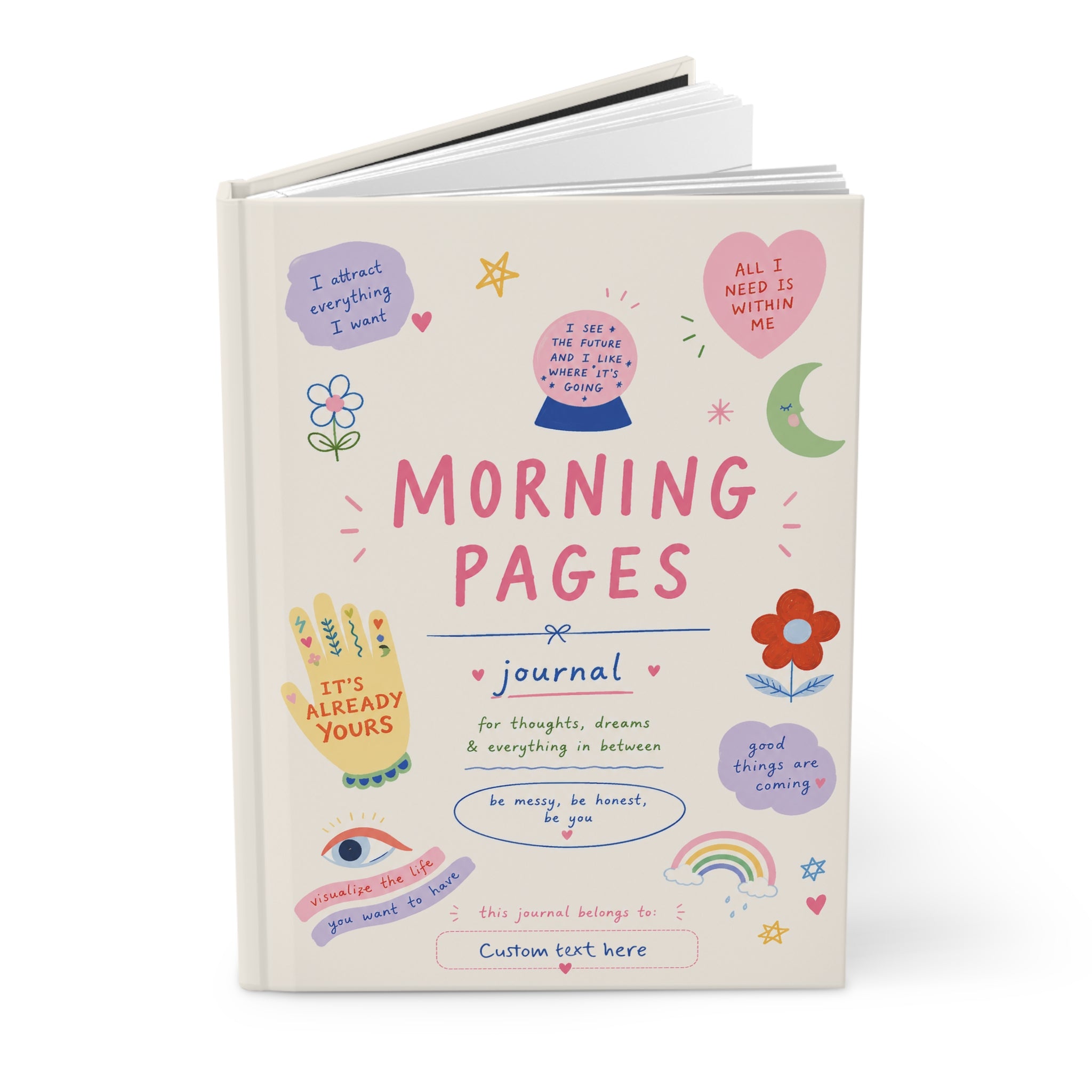 Personalized hardcover journal with "Delusional but Hopeful" inscription, featuring blank pages for morning pages and manifestation notes.