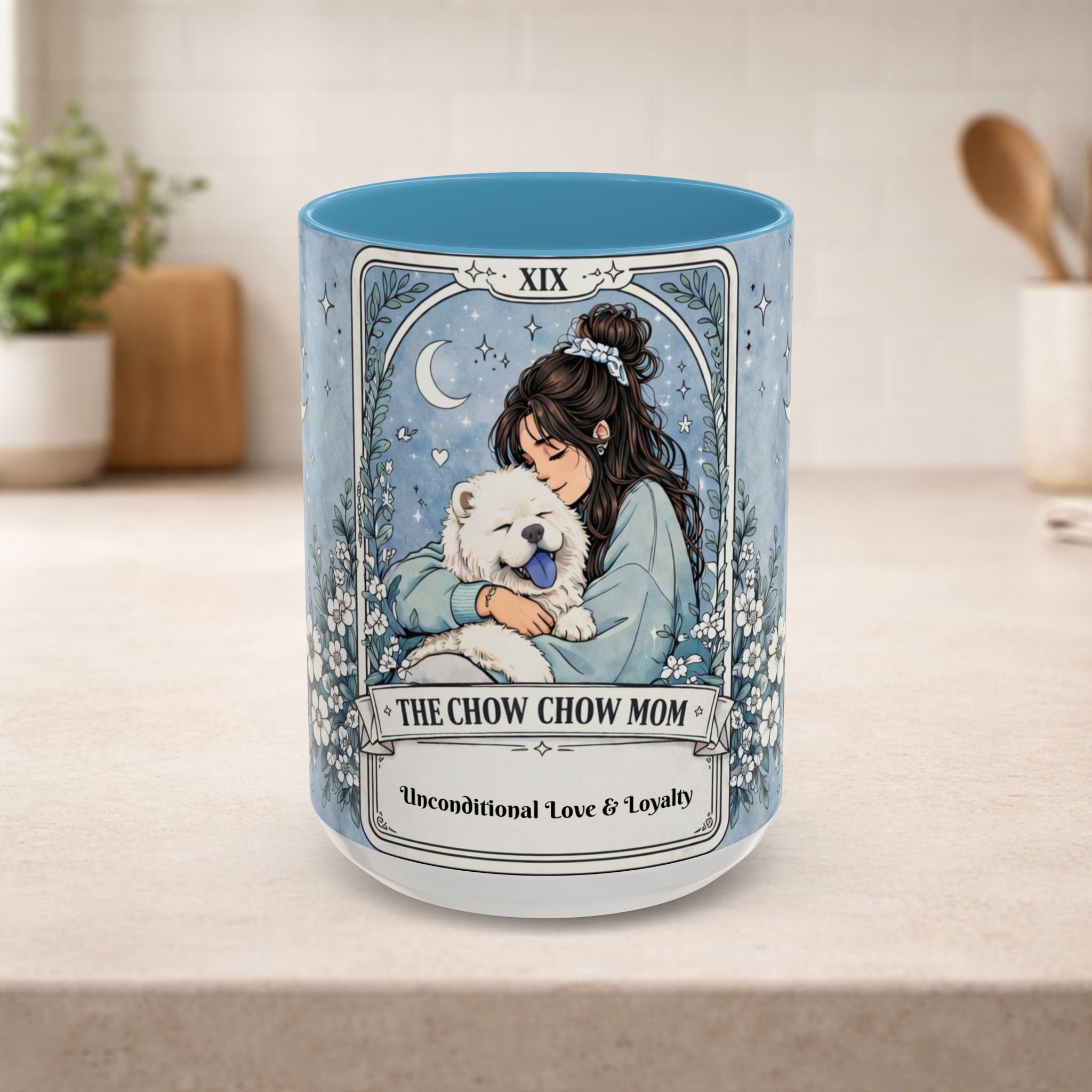 Personalized Chow Chow Mom tarot card mug with custom name, featuring a dog lover coffee mug design for Chow Chow enthusiasts.