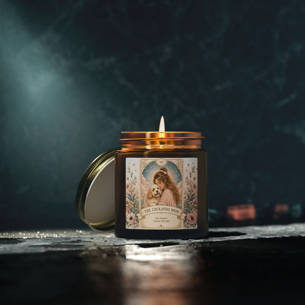Personalized Tarot 'The Cockapoo Mom' scented candle by Printify, coconut apricot fragrance, 4oz and 9oz sizes, decorative custom candle