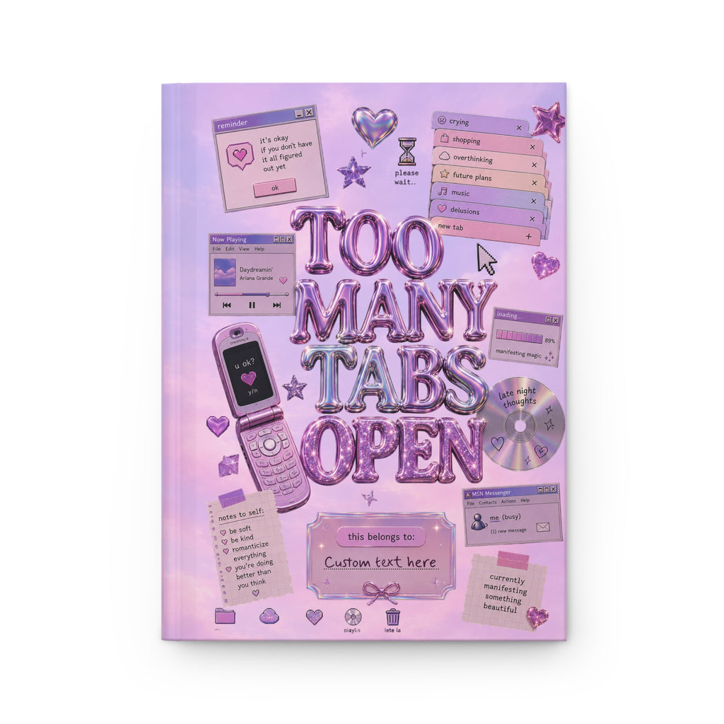 Pink retro journal with "Too Many Tabs Open" Y2K internet girl aesthetic design, personalized notebook for writing and note-taking.