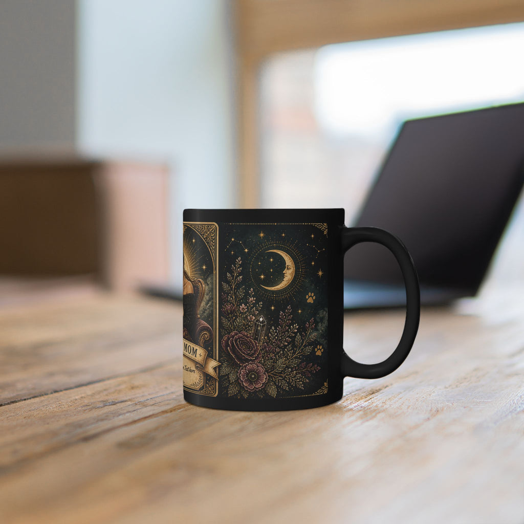 Personalized 'The Pug Mom' vintage tarot-style black coffee mug with custom text and pug illustration, ideal for pug lovers.