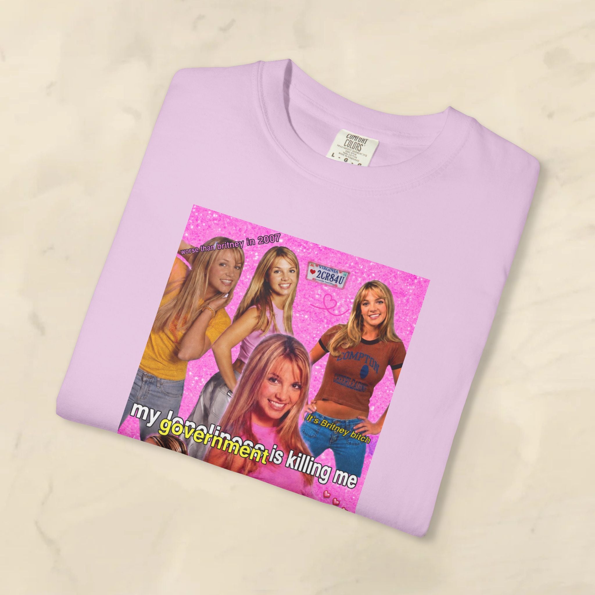 Cotton Y2K Britney Spears "My Loneliness Is Killing Me" government meme T-shirt with graphic print, casual fit, and retro style.
