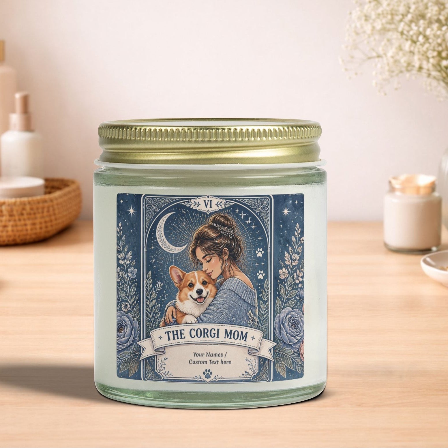 Personalized Tarot 'The Corgi Mom' scented candle with coconut apricot wax, custom product from Printify featuring a decorative design.