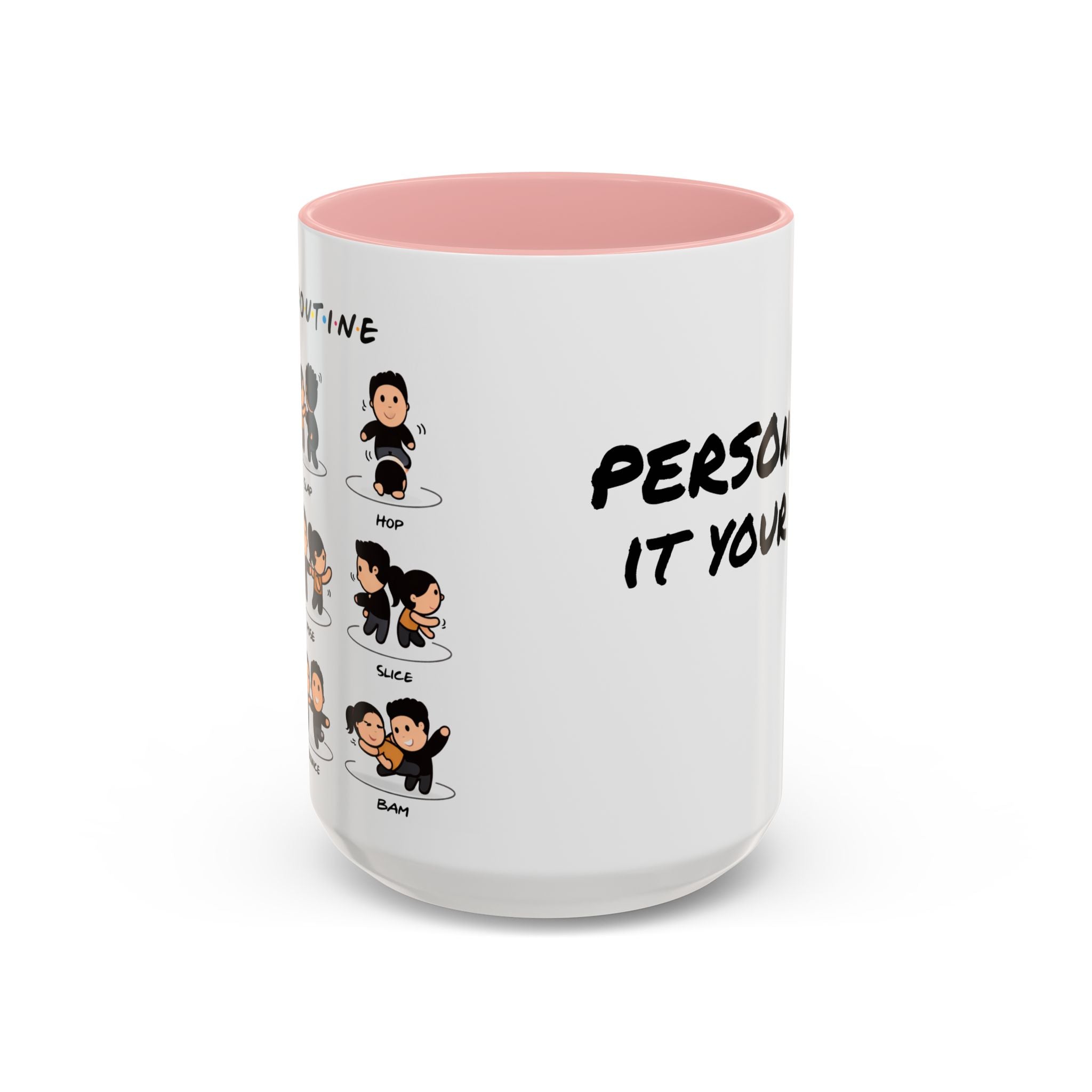Friends-inspired funny "The Routine" accent coffee mug by Printify with a humorous quote and colorful design.
