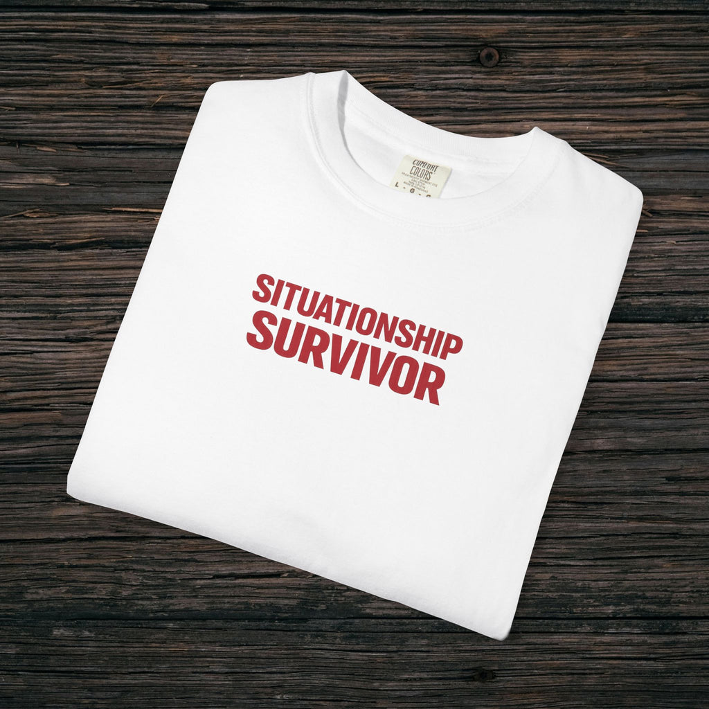 Funny Situationship Survivor T-shirt for women, featuring ironic breakup and single life design, ideal for relationship humor.