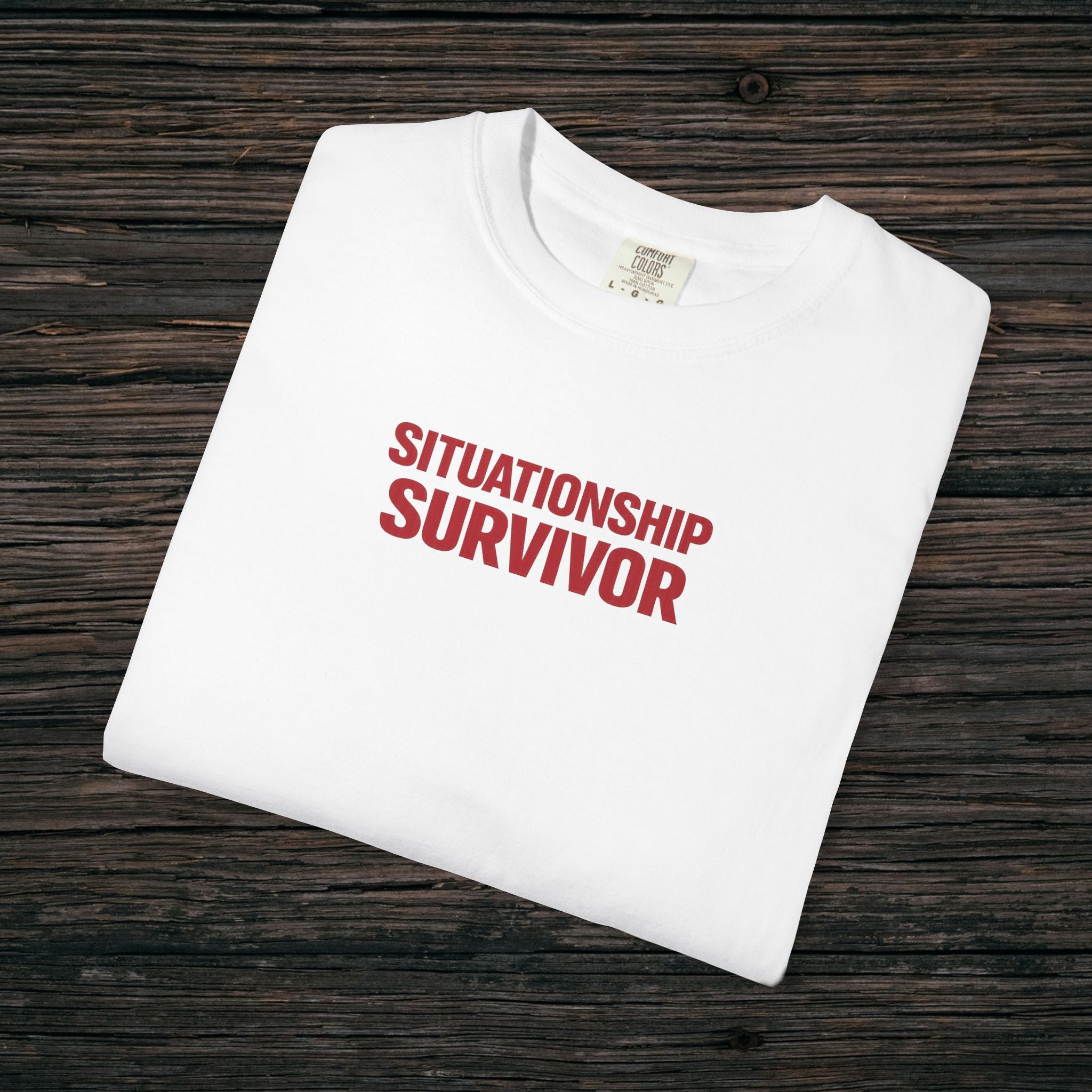 Funny Situationship Survivor T-shirt for women, featuring ironic breakup and single life design, ideal for relationship humor.