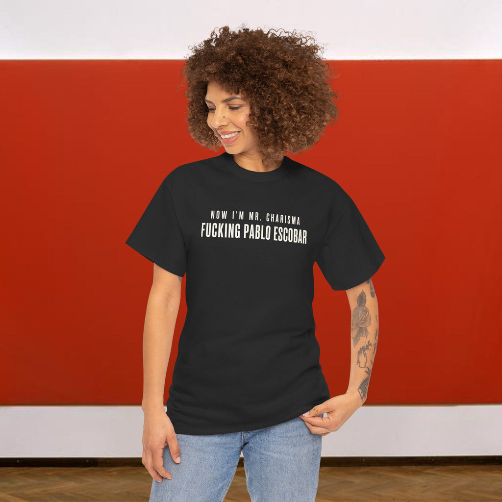 Premium black cotton T-shirt featuring "Now I'm Mr. Charisma Fucking Pablo Escobar" print with Dracula lyrics, from Printify.