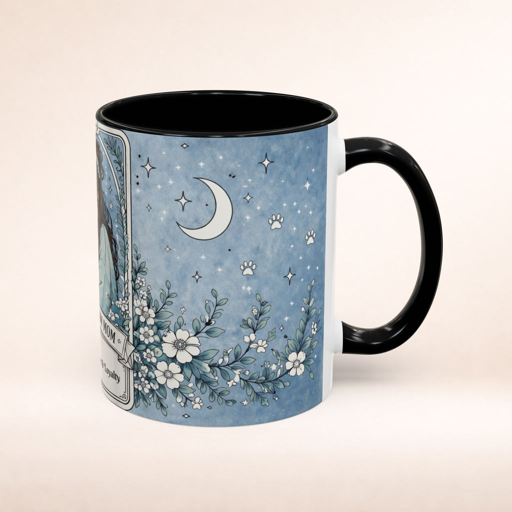 Personalized Chow Chow Mom tarot card mug with custom name, dog lover coffee mug featuring loyalty and unconditional love.
