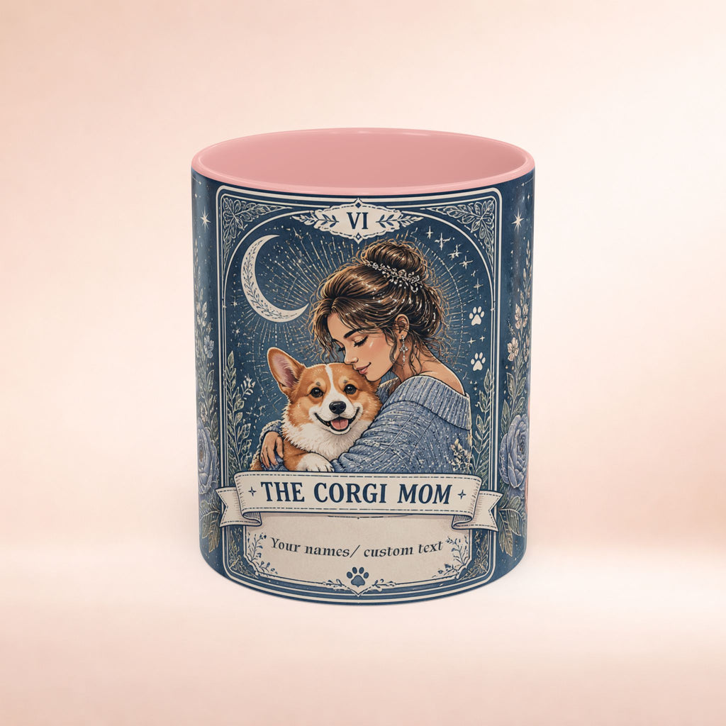 Personalized 'The Corgi Mom' tarot card coffee mug with custom dog mom design, featuring a cute Corgi illustration.