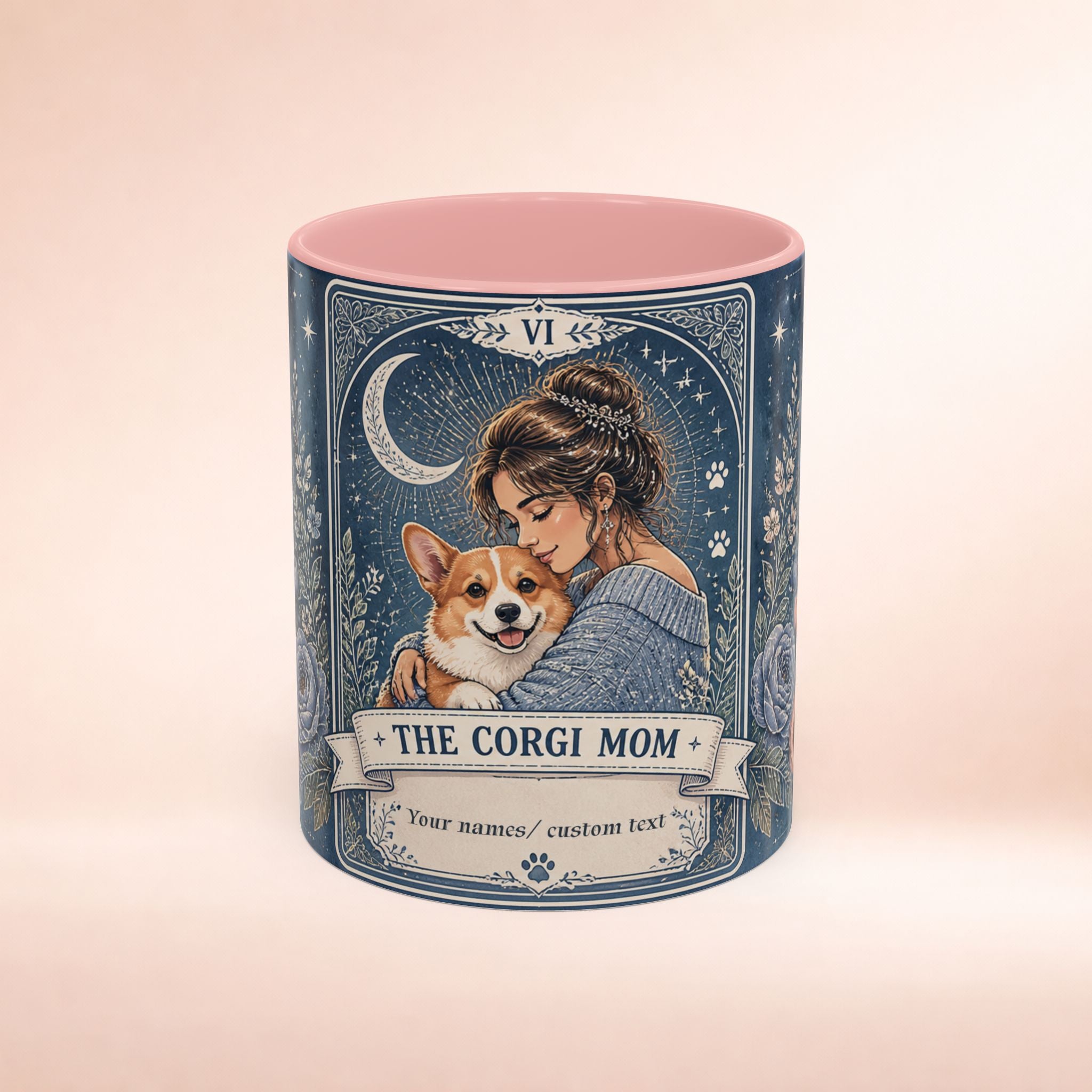 Personalized 'The Corgi Mom' tarot card coffee mug with custom dog mom design, featuring a cute Corgi illustration.