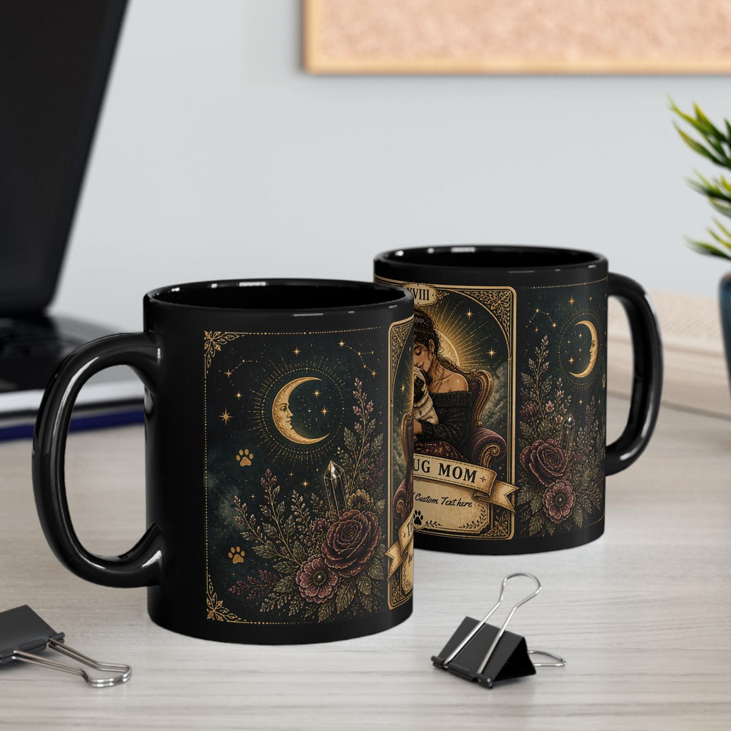 Personalized black ceramic mug featuring vintage tarot-style design and "The Pug Mom" text, perfect for pug lovers.