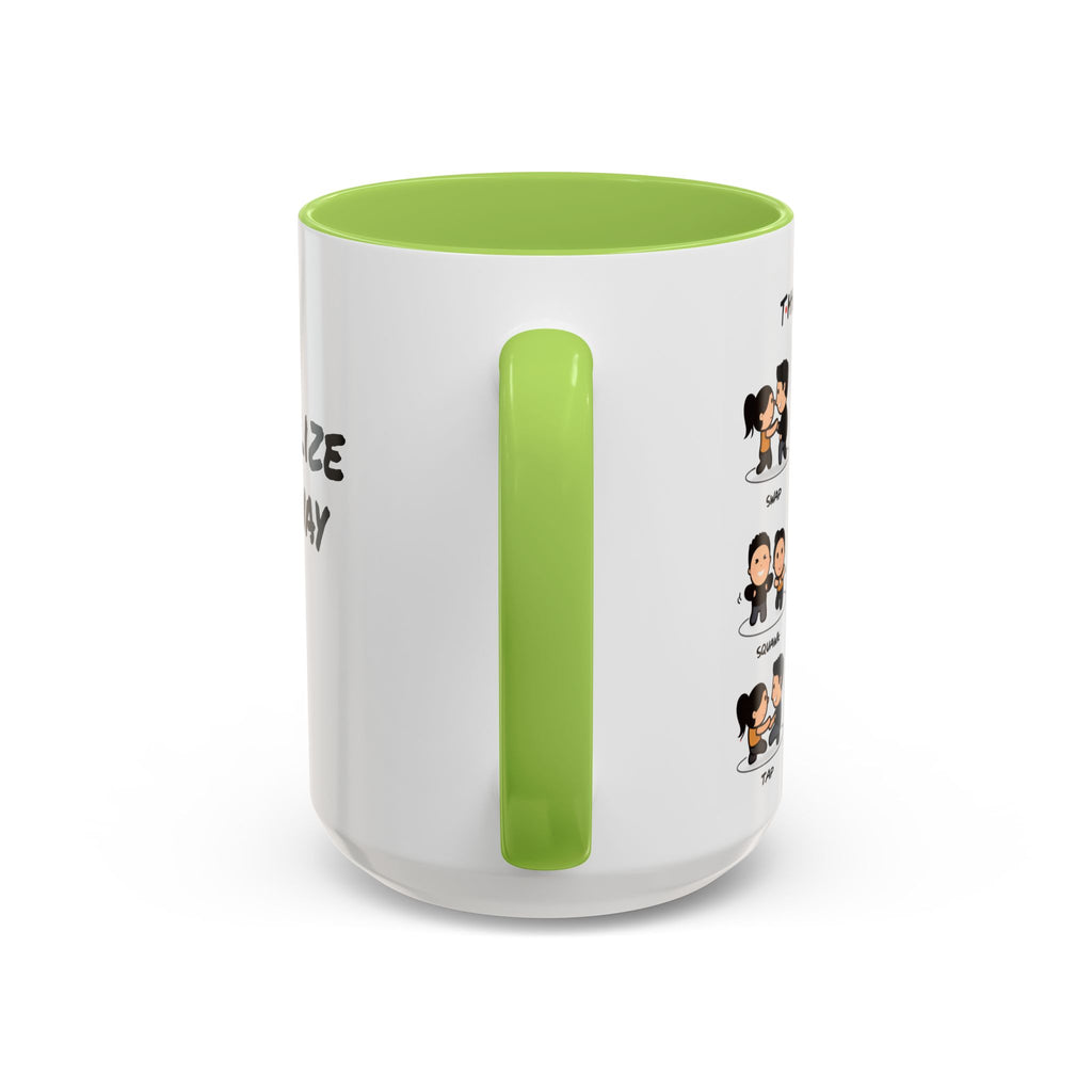Friends-inspired funny "The Routine" accent coffee mug with a humorous quote and colorful design on a ceramic mug.