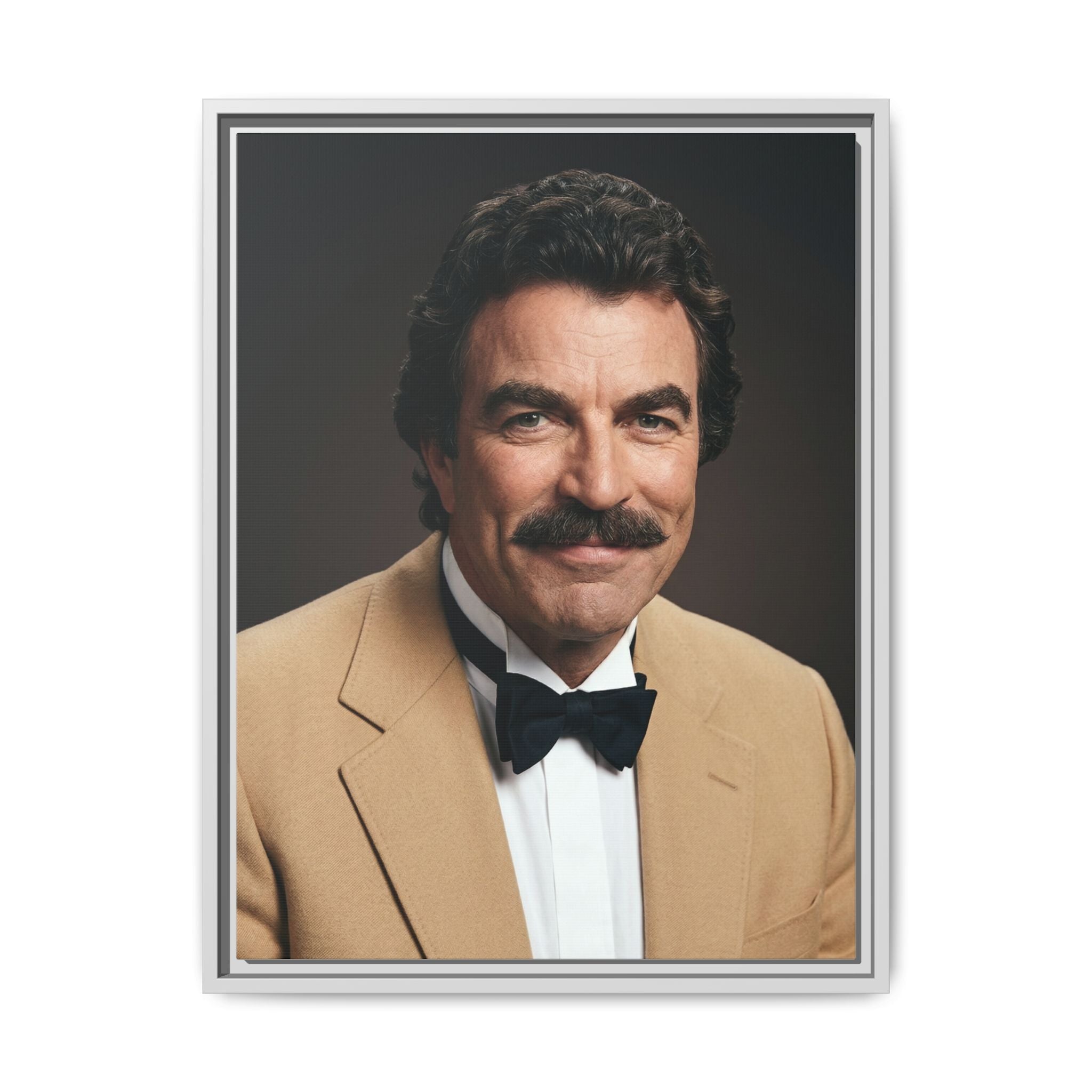 Vintage framed canvas print of a retro man cave portrait featuring a man in a wooden frame, ideal for bar decor.