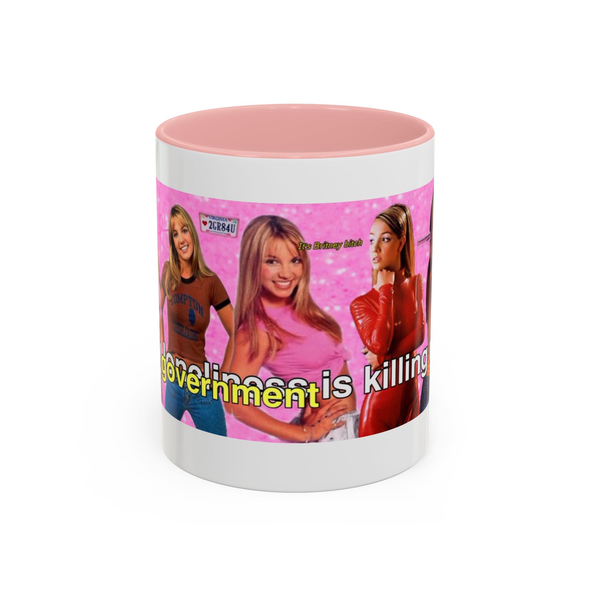 Y2K Britney collage accent coffee mug with "My Government is killing me" slogan, featuring colorful Britney Spears images.
