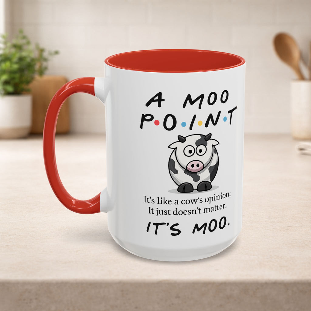 Friends Moo Point Mug by Printify featuring a humorous cow-themed design for coffee or tea.