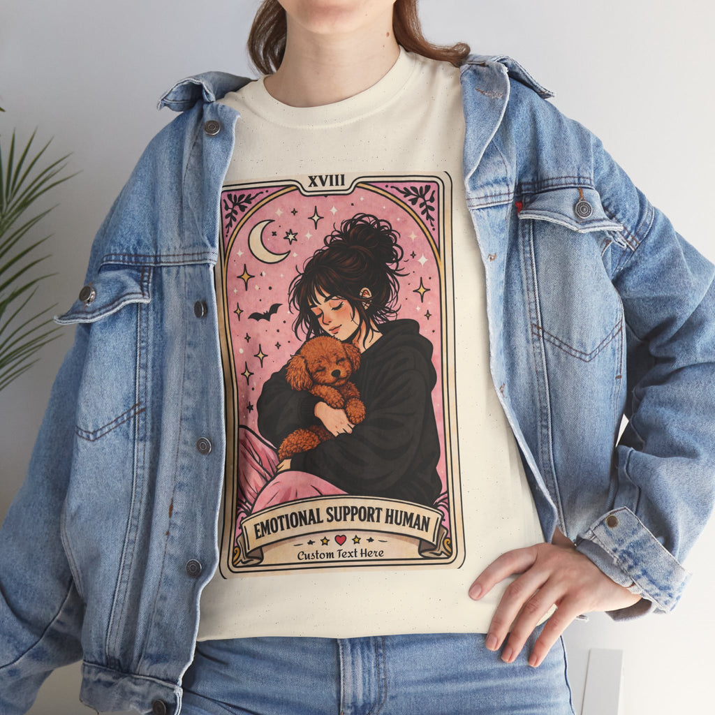 Personalized emotional support T-shirt featuring a funny dog mom tarot design, ideal for poodle moms and anxiety comfort.