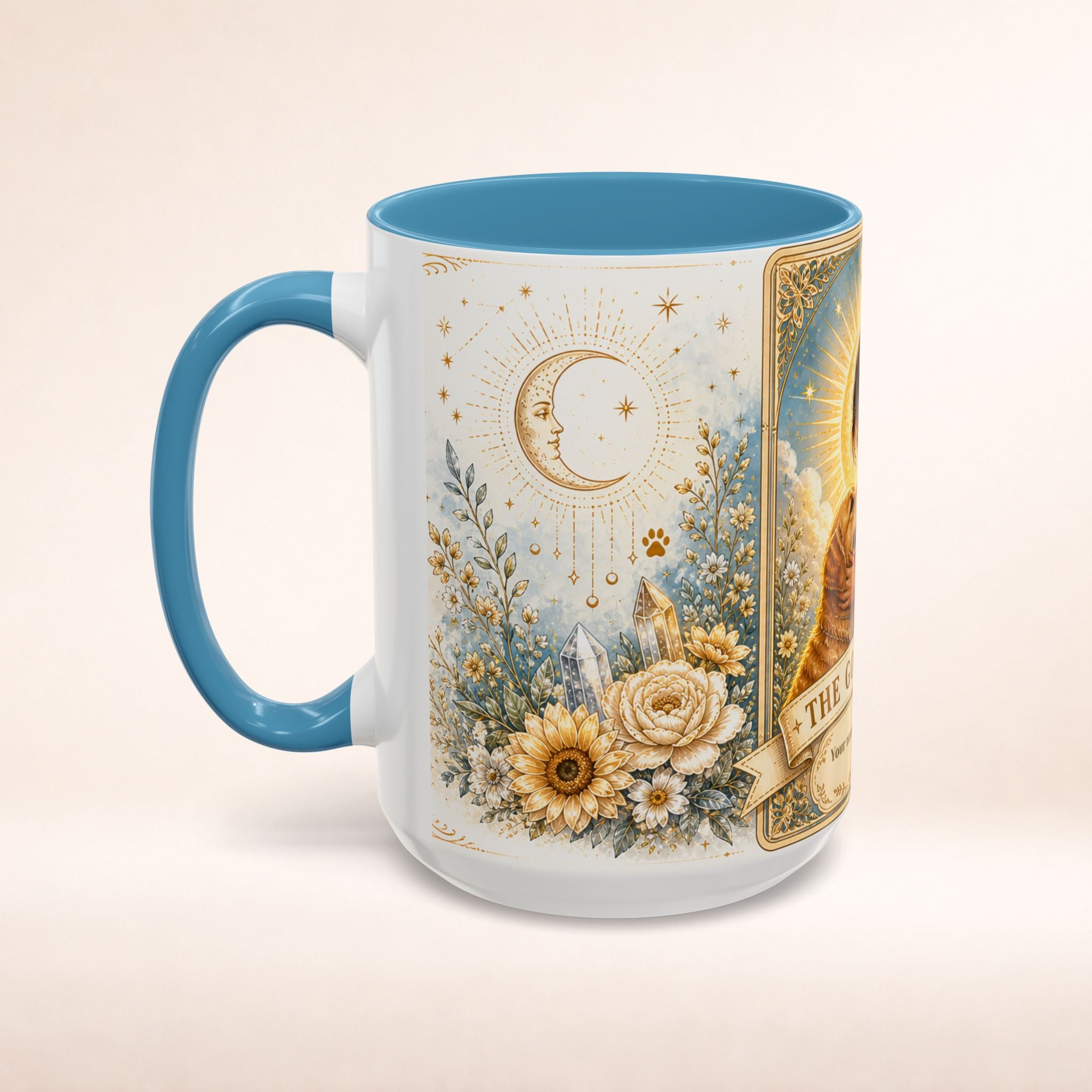Personalized 'The Golden Mom' Tarot Card Accent Coffee Mug with dog design, ideal for dog moms, by Printify.