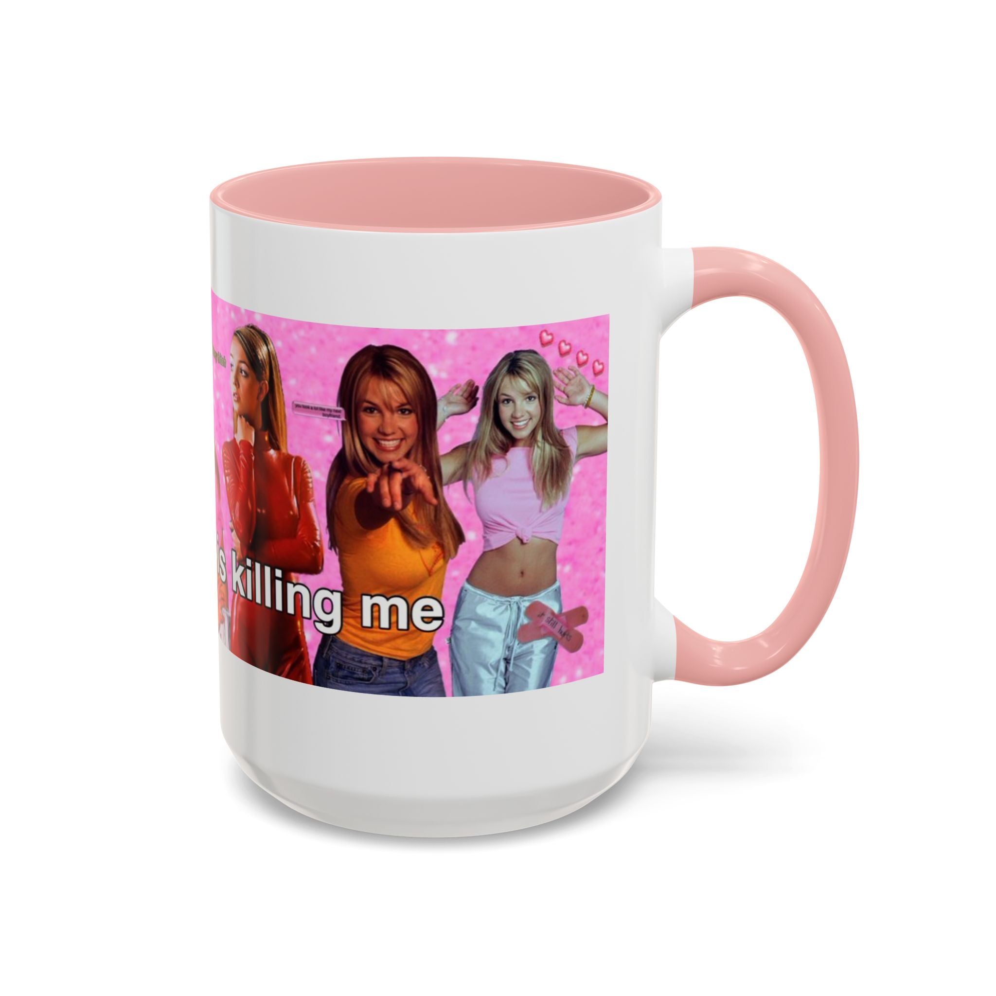 Y2K Britney collage accent coffee mug with "My government is killing me" slogan, featuring colorful Britney images and design.