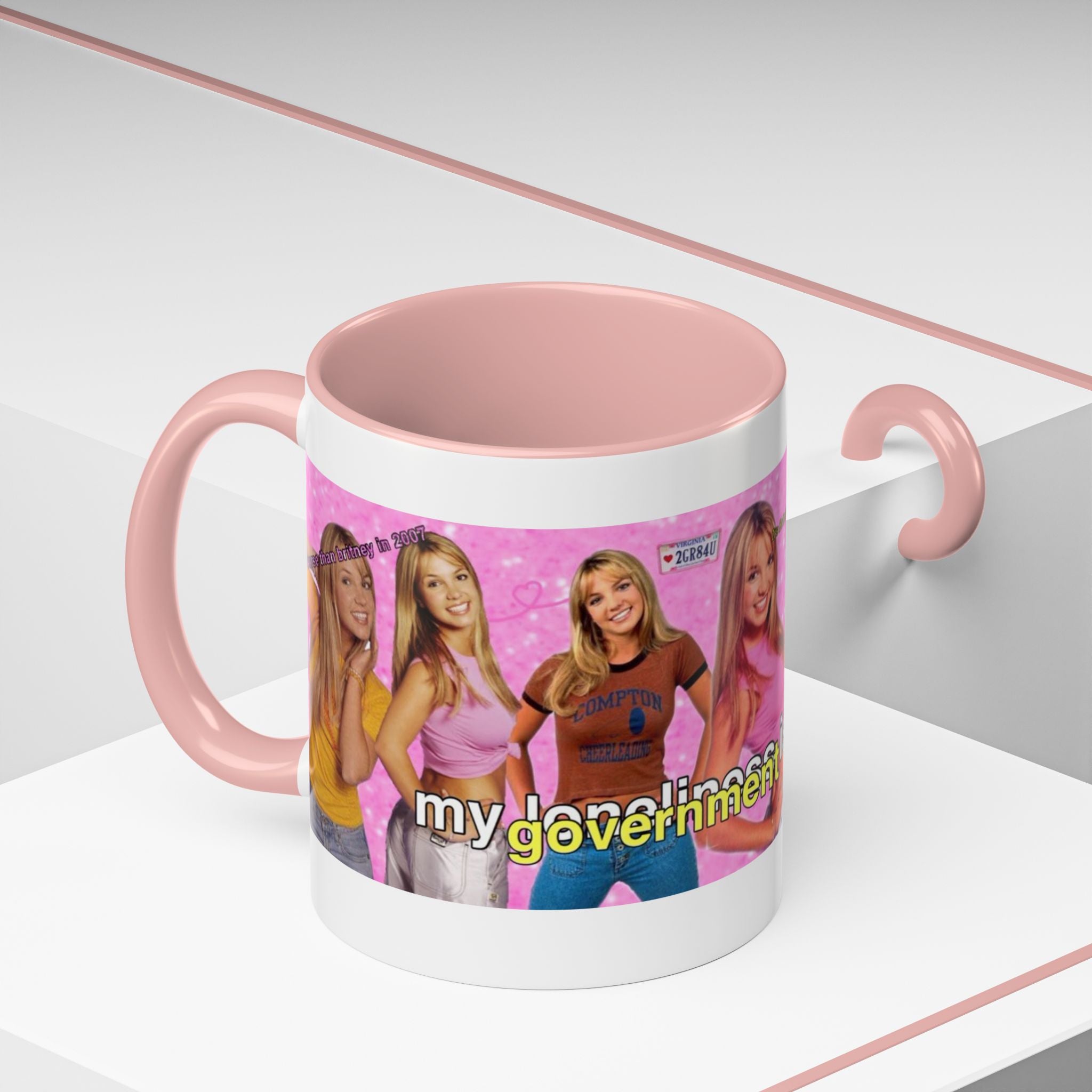Y2K Britney Collage Accent Coffee Mug with "My Government is killing me" slogan, featuring colorful Britney images on white ceramic mug